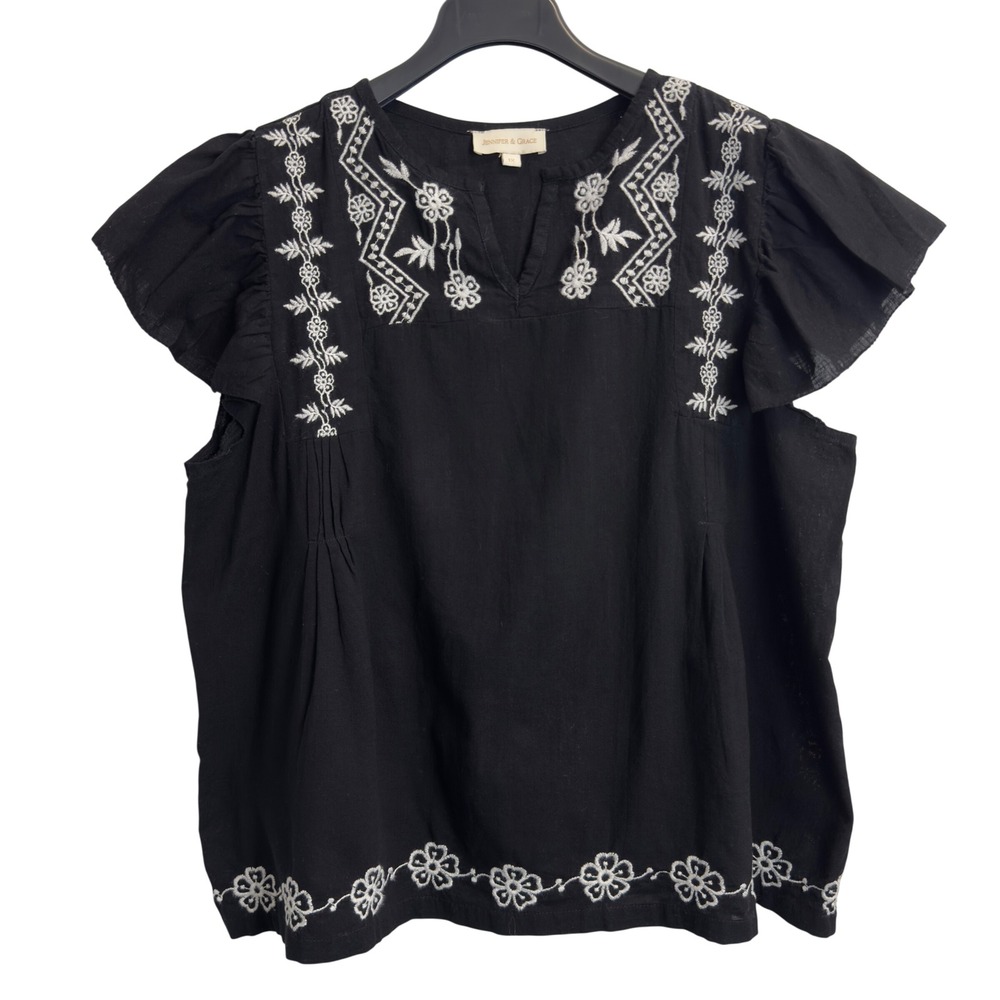 Jennifer & Grace Black Embroidered Flutter Sleeve Peasant Blouse Top Womens 1X